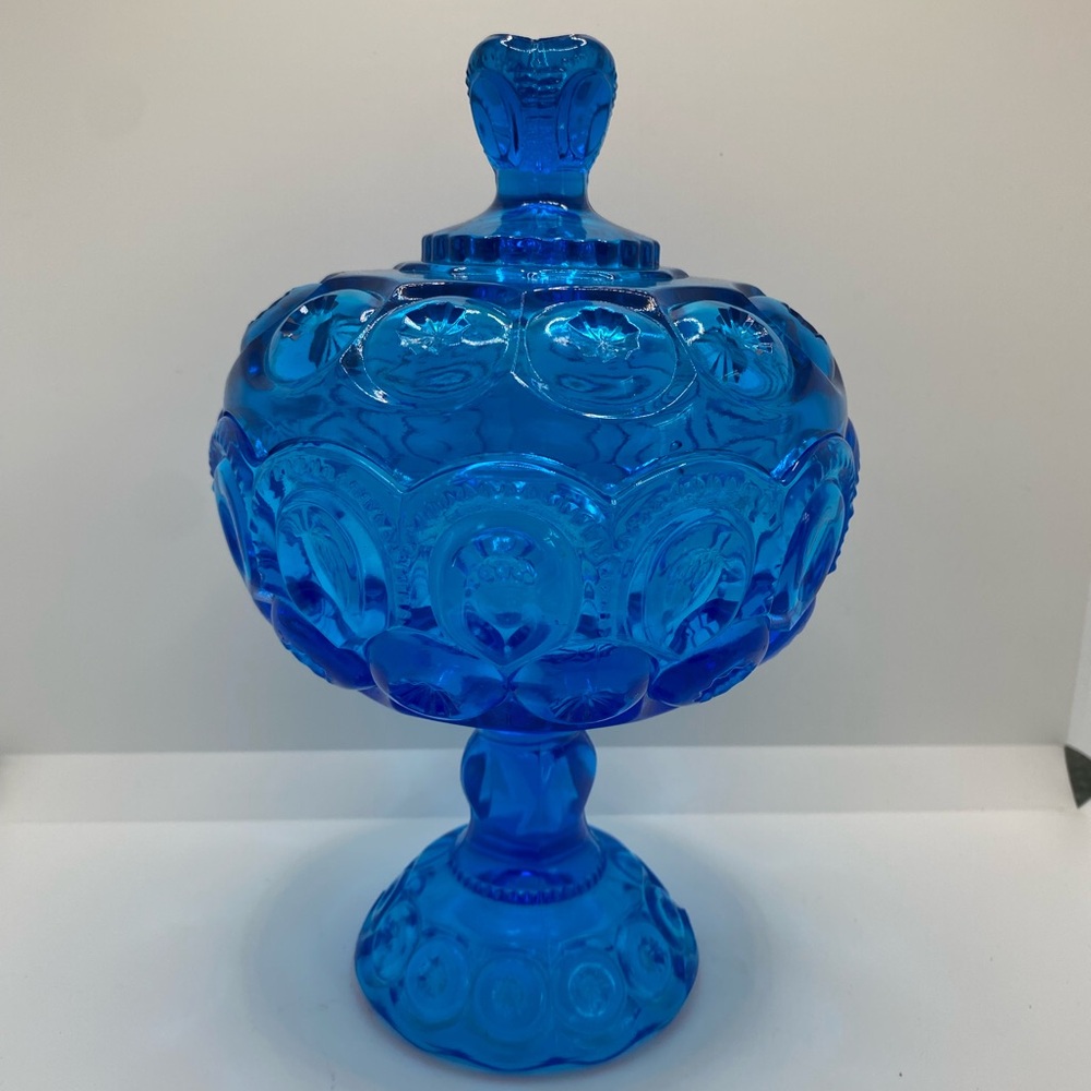 Vintage L.E. Smith Blue Moon & Stars Pedestal Compote Candy Dish With Lid 10"H